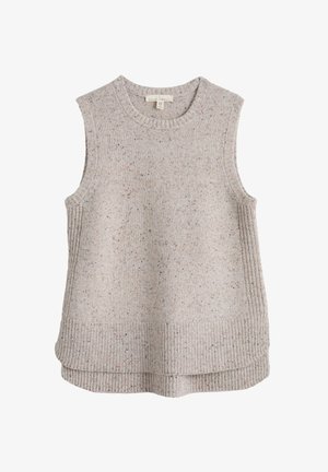 Bezrekawnikowy dzianinowy sweter bez rękawów w jasnoszarym kolorze z subtelnymi wielokolorowymi kropkami, z prążkowanym okrągłym dekoltem, wycięciami na ramiona i wykończeniem na dole z warstwowym tyłem.