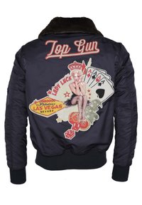 Marine Bomberjacke mit Kunstfellkragen; verfügt über ein großes gesticktes Design eines Pin-Up-Mädchens, Spielkarten und Casino-Elemente.