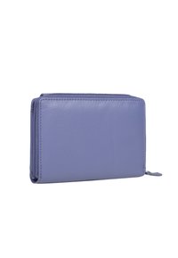 Purple leather wallet with a smooth texture, rectangular shape, and a zipper closure. Stitched accents along the edges add detail.