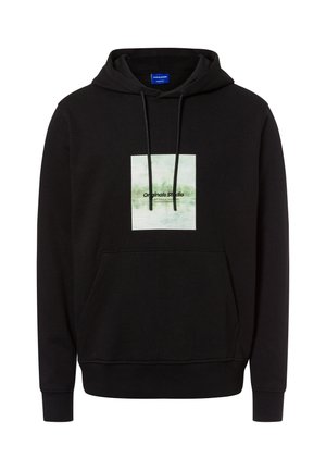 Schwarzer Hoodie aus weichem Stoff mit einer vorderen Tasche und Kordelzügen. Das dargestellte Design zeigt ein hellgrünes Quadrat mit dem Text "Originals Studio".