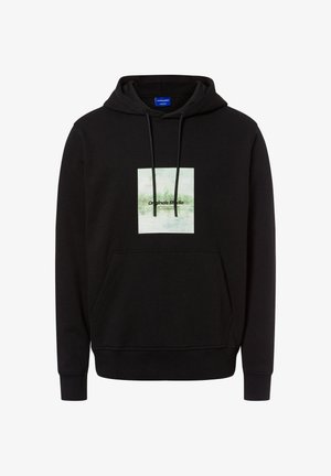 Schwarzer Hoodie aus weichem Stoff mit einer vorderen Tasche und Kordelzügen. Das dargestellte Design zeigt ein hellgrünes Quadrat mit dem Text "Originals Studio".