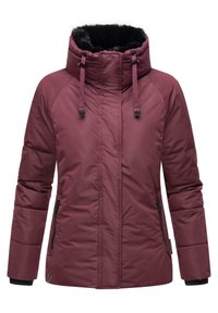 Bordeaux gewatteerde jacket met een met bont gevoerde capuchon, ritszakken en verstelbare trekkoorden. Bevat een textuurstof en contrasterende manchetten.