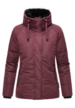 Giubbotto imbottito bordeaux con cappuccio foderato in pelliccia, tasche con zip e cordini regolabili. Presenta un tessuto testurizzato e polsini a contrasto.