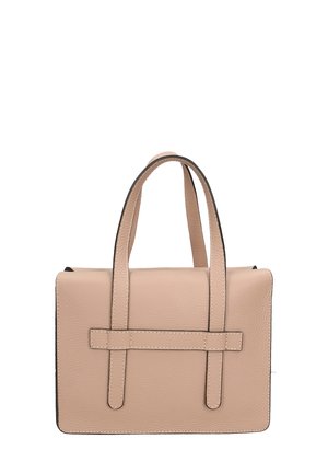 Borsa strutturata in pelle beige chiaro con due manici superiori e cuciture a contrasto. Presenta una forma rettangolare e un design minimalista.