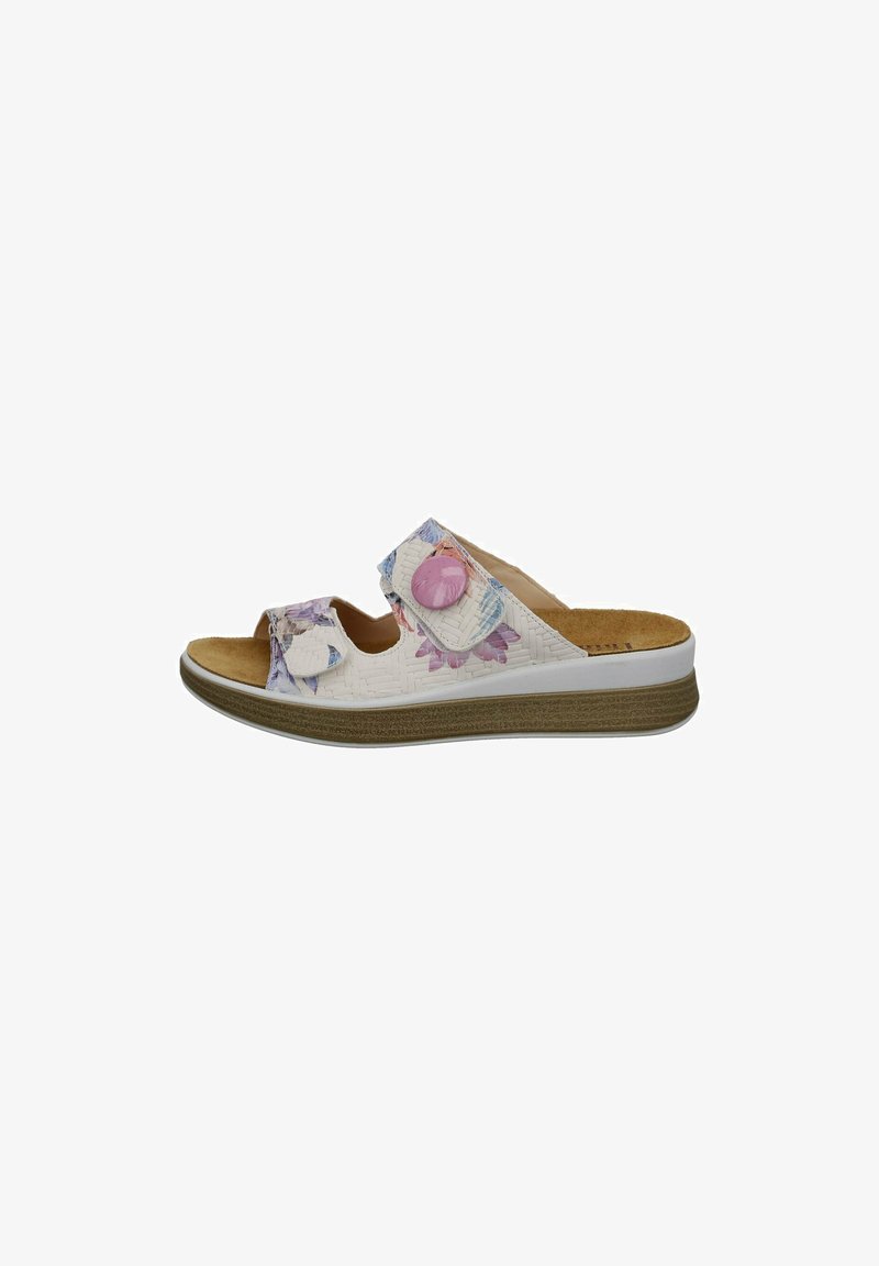 White slide sandal with floral pattern, adjustable straps, cork insole, and textured upper. Features a low wedge sole in neutral color.