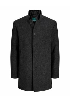 Mørkegrå sildebensmønstret uldfrakke med høj krave, fem sorte knapper og to forlommer med slidser.