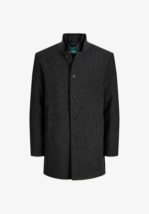 Manteau en laine gris foncé à chevrons, doté d'un col montant, de cinq boutons noirs et de deux poches fendues à l'avant.
