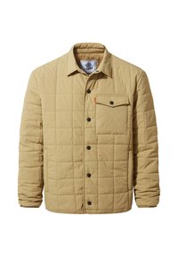 Beige quilted jacket with a button-up front, a single chest pocket with a flap, and black buttons. Features a collared neckline and long sleeves.