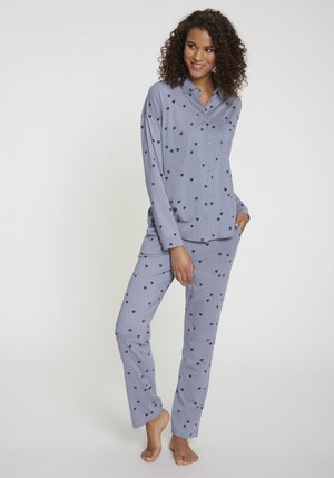 Light purple pajama set featuring a button-up long-sleeve top with a pocket and pants, both adorned with small contrasting heart patterns.
