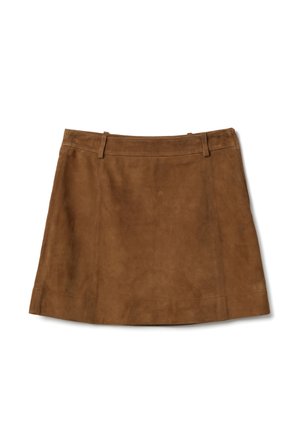 Brown suede mini skirt with belt loops and stitched panel details on a white background.