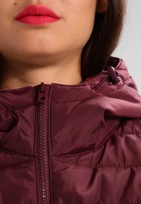 Vínová prošívaná bunda se zipovým zapínáním, stahovací kapucí a elastickými detaily. Hladká textura a vysoký límec.