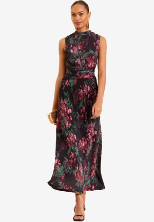 Floral Maxi-Kleid mit hohem Hals, ärmellosem Design, schwarzem Grundton und lebhaften rosa und grünen Blumenmustern, mit tailliertem Schnitt und schmeichelndem Rock.