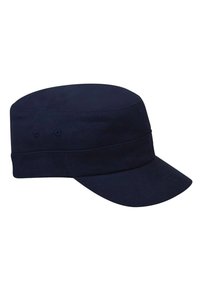 Gorra militar de color azul marino, hecha de tela duradera, con una parte superior plana, visera corta y agujeros de ventilación laterales.