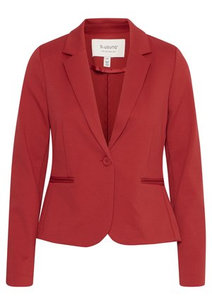 Red tailored blazer made of soft fabric, featuring a notch collar, single button closure, and two front pockets with subtle stitching accents.