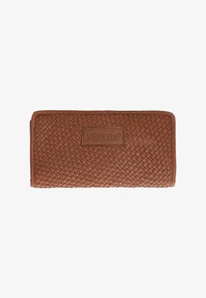 Brown woven leather wallet with a rectangular shape. Features a stitched border and a rectangular logo patch labeled "VENEZIA."