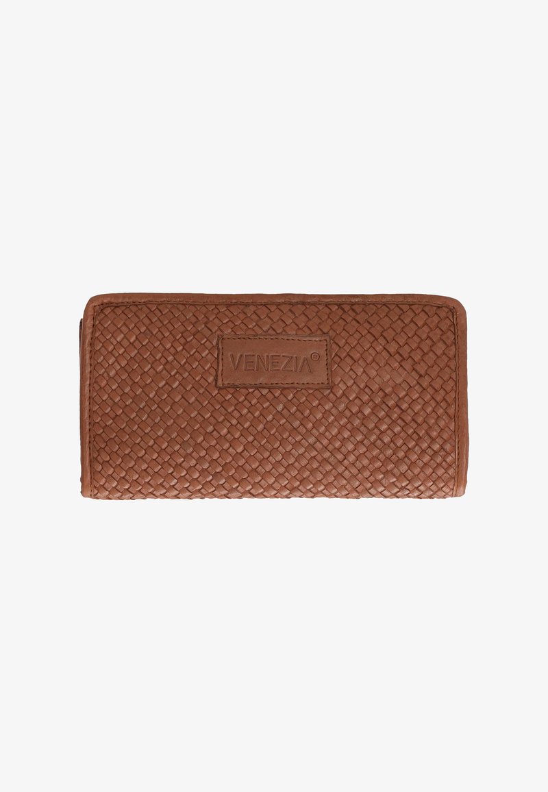 Brun vævet læderpung med rektangulær form. Har en syet kant og et rektangulært logo-patch mærket "VENEZIA."