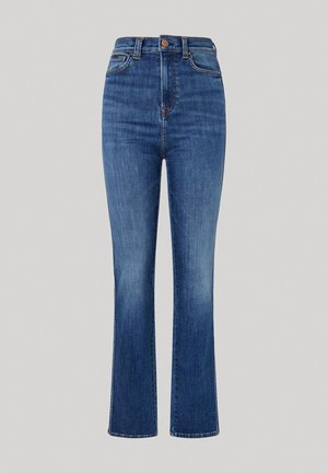 High-waisted blauwe denim jeans met een flared onderkant, voorzien van een knoopsluiting, vijf-pocket ontwerp en subtiele vervaging op de stof.