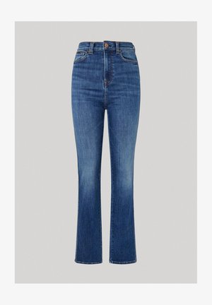 High-waisted blauwe denim jeans met een flared onderkant, voorzien van een knoopsluiting, vijf-pocket ontwerp en subtiele vervaging op de stof.