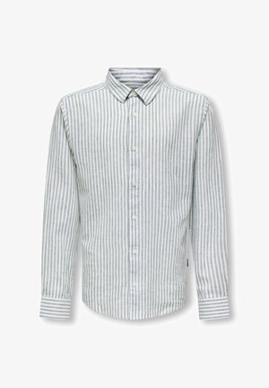 Langærmet skjorte med knapper foran, med lodrette lysegrå og hvide striber, klassisk krave og knaplukning ved ærmekanterne.