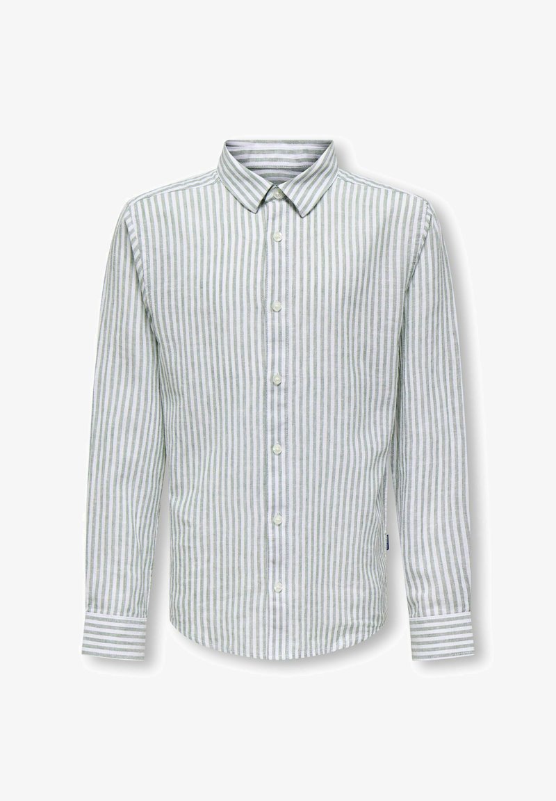 Koszula na długi rękaw zapinana na guziki, z pionowymi jasnoszarymi i białymi paskami, klasycznym kołnierzykiem oraz mankietami zapinanymi na guziki.