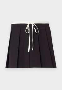 Black pleated skirt with a white woven drawstring waist. Made of soft fabric, featuring a smooth texture and a simple, classic design.