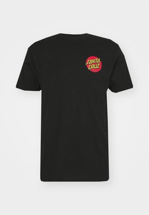 Juodas medvilninis marškinėliai trumpomis rankovėmis. Kairėje krūtinės pusėje yra apvalus raudonas ir geltonas grafikas su užrašu "SANTA CRUZ." Paprastas dizainas.