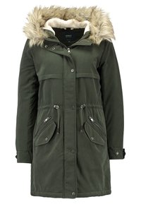 Zelená parka bunda s kapucí z umělé kožešiny, dvě horní kapsy na klopu, dvě zipové přední kapsy, nastavitelné šňůrky v pase a zapínání na knoflík.