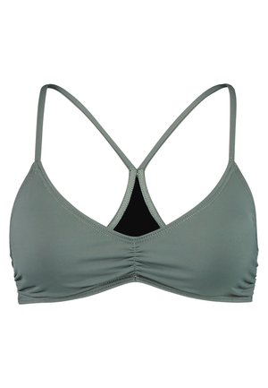Grüner Bikini-Oberteil mit dreieckiger Form, verstellbaren gekreuzten Trägern, gerafftem Mittelteil und schwarer Innenausstattung. Glattes, dehnbares Material.