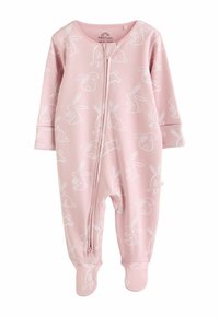 Helles rosa Babystrampler mit weißem Hasenmuster, durchgehendem Reißverschluss, langen Ärmeln und Füßchen-Design für Wärme und Komfort.