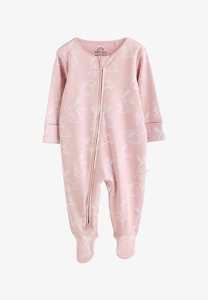 Light pink baby romper featuring white bunny pattern, full front zipper, long sleeves, and footed design for warmth and comfort.