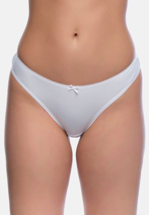 Weisse Baumwollslips mit einem niedrigen Bund, ausgestattet mit einem kleinen Satinbogen in der Mitte und zarten Picot-Details entlang der Ränder.