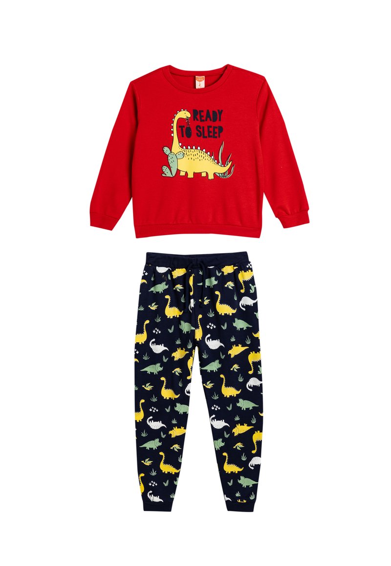 Camiseta de manga larga roja con un gráfico de dinosaurio y el texto "LISTO PARA DORMIR," combinada con pantalones azul marino que presentan patrones de dinosaurios coloridos. Material de algodón.