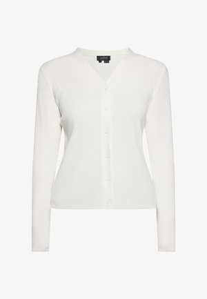Weißer langärmeliger, gerippter Cardigan mit V-Ausschnitt und durchgehender Knopfleiste vorne, gezeigt auf einem schlichten weißen Hintergrund.
