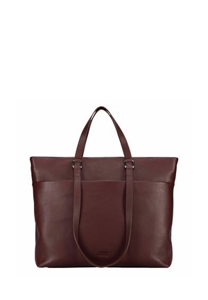 Braune Leder-Tote-Bag mit zwei kurzen Griffen und zwei langen Schulterriemen, glatte Textur, rechteckige Form, keine sichtbaren Verschlüsse.