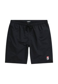 Pantaloni da bagno neri con vita elasticizzata e cordino. Presentano un piccolo patch con logo e dettagli rossi, bianchi e blu sul lato.