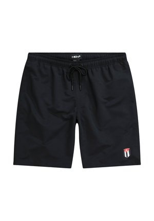 Schwarze Badehosen mit einem elastischen Bund und Kordelzug. Mit einem kleinen Logo-Patch mit roten, weißen und blauen Akzenten an der Seite.