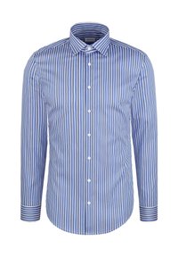 Niebiesko-biała koszula w paski z długimi rękawami, zapinana na guziki z przodu, klasycznym kołnierzem oraz kontrastowymi mankietami w paski. Gładka faktura materiału.