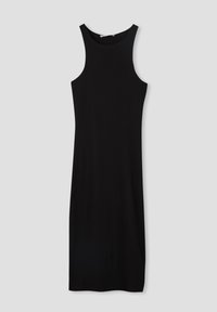 Schwarzes ärmelloses Kleid mit Rundhalsausschnitt, aus glattem Stoff gefertigt, mit einer taillierten Silhouette und knielangem Design. Keine Muster oder Akzente.