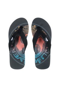 Een paar zwarte flip-flops met gevoerde banden en een kleurrijk cirkelontwerp op de zolen, weergegeven vanuit een bovenaanzicht.