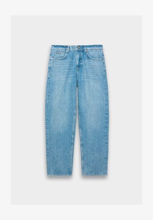 Light blue denim jeans with a loose fit, straight leg design, five-pocket styling, and slight fading for a worn look.