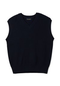 Gilet senza maniche di colore blu navy con scollo a V. Tessuto a costine e silhouette aderente. Etichetta del marchio visibile sul collo.