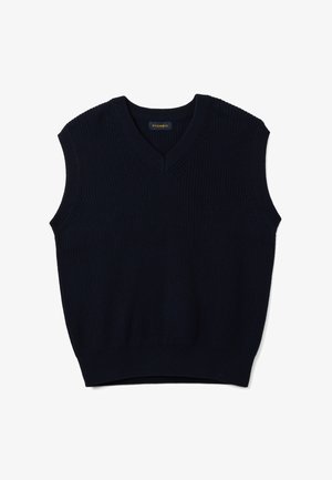 Marineblauer ärmelloser Strickpullover mit V-Ausschnitt. Gerippte Struktur und taillierte Passform. Markenlabel am Hals sichtbar.