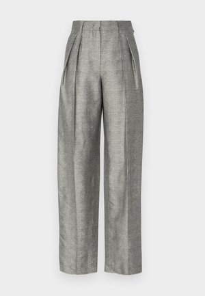 Grå højtaljede bukser med plisseringer, lavet af et struktureret stof med et subtilt ternet mønster. Vidde ben design med sidelommer.