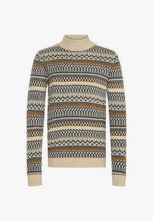 Pull en tricot avec un col montant, présentant une base crème, des motifs géométriques en bleu marine et marron, ainsi que des détails côtelés aux poignets et à l'ourlet.