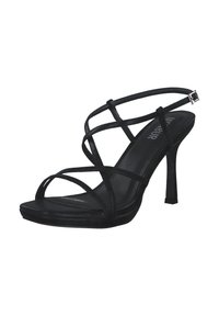 Sandal alto nero con tacco a spillo, caratterizzato da più cinturini incrociati, punta aperta, texture liscia e dettaglio del cinturino alla caviglia.