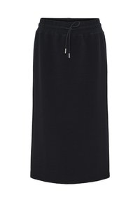 Schwarzer Midirock aus strukturiertem Stoff, mit einem elastischen Bund und einem Kordelzug sowie metallischen Stoppern für eine verstellbare Passform.