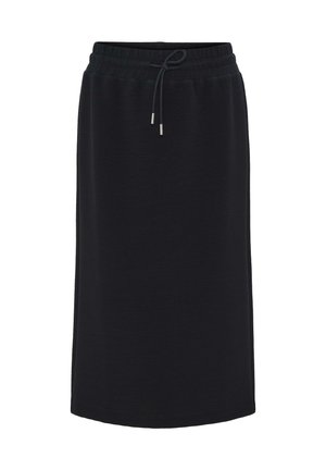 Schwarzer Midirock aus strukturiertem Stoff, mit einem elastischen Bund und einem Kordelzug sowie metallischen Stoppern für eine verstellbare Passform.