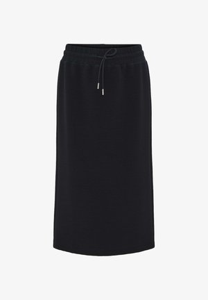 Gonna midi nera realizzata in tessuto texturizzato, con vita elastica e cordino con fermagli metallici per una vestibilità regolabile.