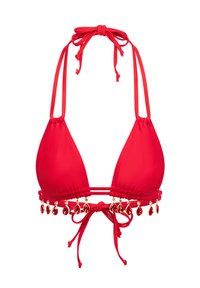 Rode bikini top met driehoekige cups, van zacht materiaal, verstelbare nek- en rugstrikjes, en een decoratieve trim van druppelvormige edelstenen.