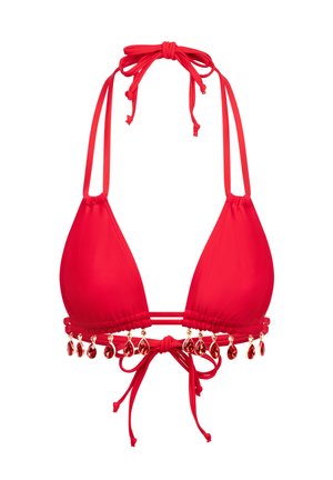 Roter Bikini-Oberteil mit dreieckigen Cups, aus weichem Material, verstellbaren Nacken- und Rückenbändern sowie einer dekorativen Verzierung aus tropfenförmigen Edelsteinen.